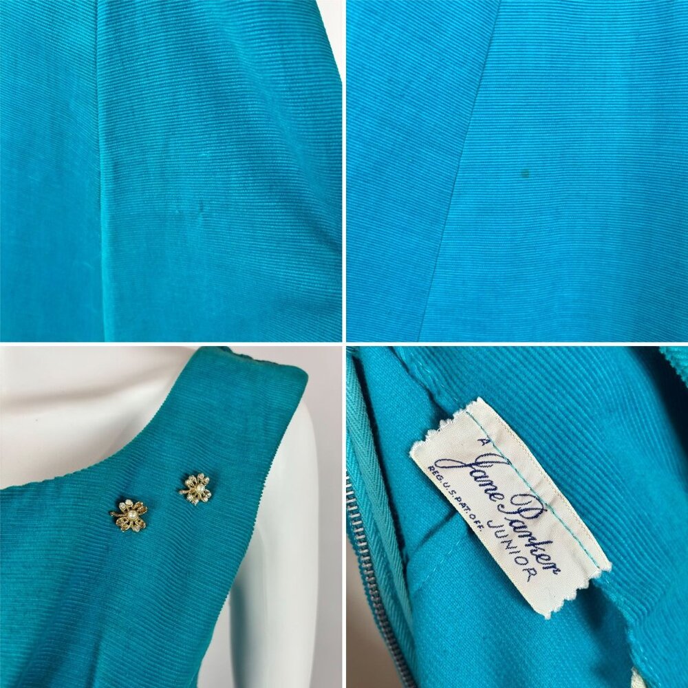 Vintage 50s Corduroy Dress Women's XXS Blue Bow Back Empire Bust Cocktail Fit & - Picture 10 of 10